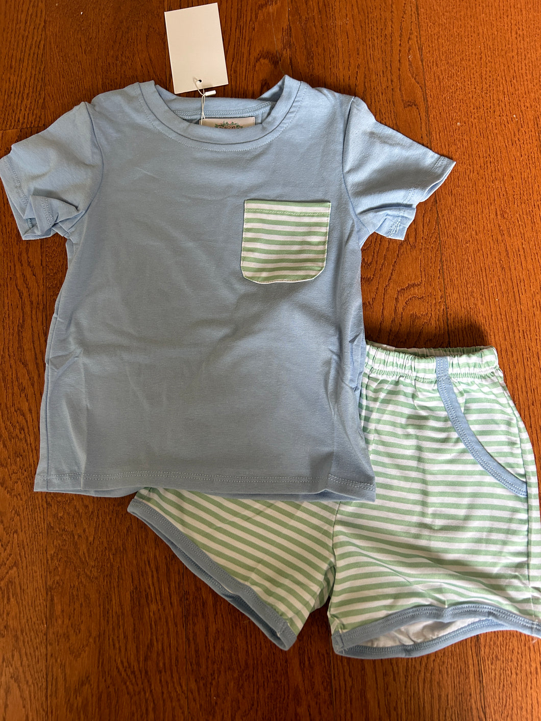Boys Blue Green Stripe Pocket Short Set